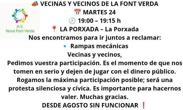 Convocatoria de la AA Nova Font Verda de manifestaci&oacute;n el pr&oacute;ximo martes 24 en la Porxada A