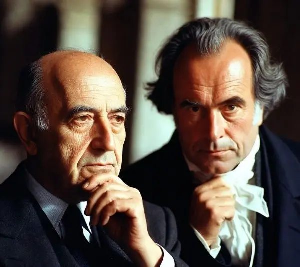 Ortega y Kant haciendo lo que m&aacute;s les gustaba, discurrir. Foto figurativa IA