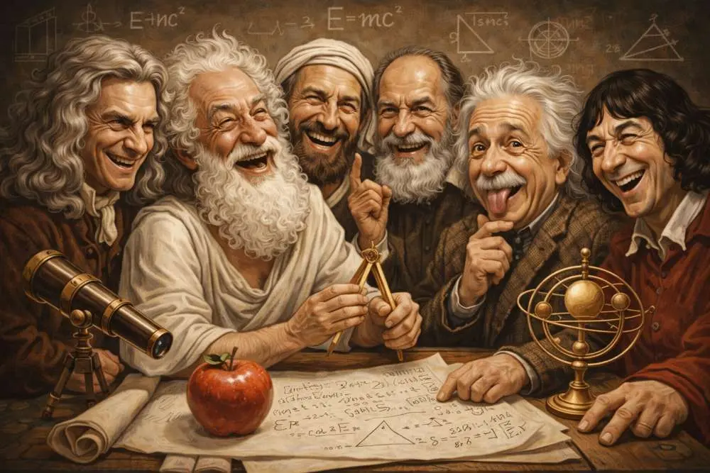 Newton, Arqu&iacute;medes, Pit&aacute;goras, Galileo, Einstein y Cop&eacute;rnico ri&eacute;ndose de nosotros, los pobres humanos....