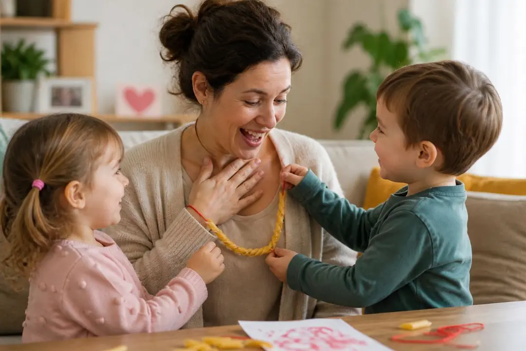 Mam&aacute; y su estupendo collar de macarrones