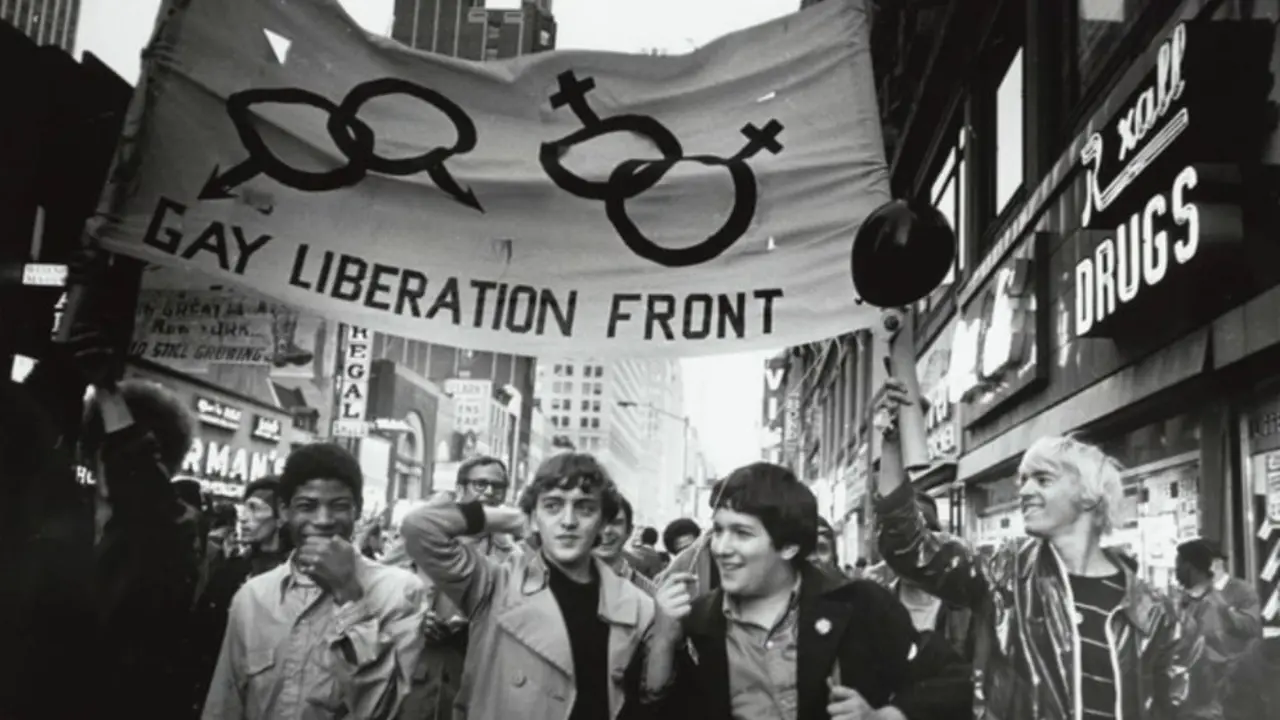 Manifestaci&oacute;n pro derechos Gay (1969) tras los hechos de Stonewall