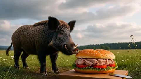 Encontramos al primer jabal&iacute; que ingiri&oacute; el famoso bocadillo de mortadela... El primero de sus especie (foto creada por IA)