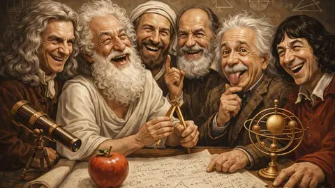 Newton, Arqu&iacute;medes, Pit&aacute;goras, Galileo, Einstein y Cop&eacute;rnico ri&eacute;ndose de nosotros, los pobres humanos....