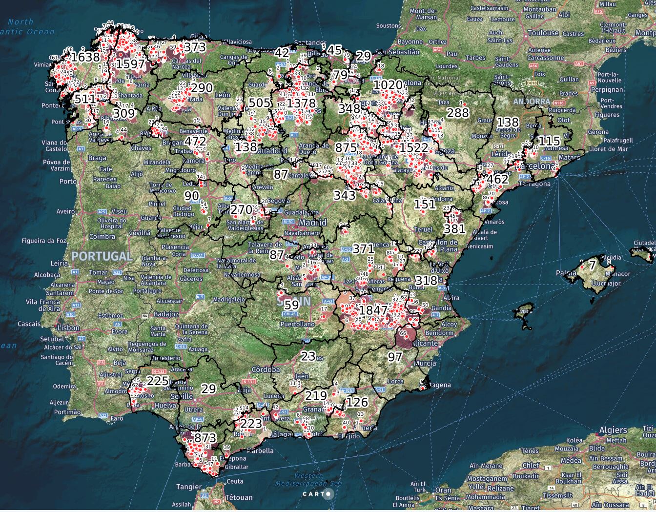 Mapa eólico español - Fuente Geolocation of wind turbines in Spain