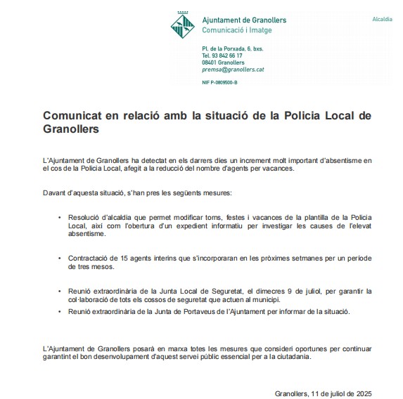 Comunicat 11-7-25 Ajt Granollers sobre Policia Local