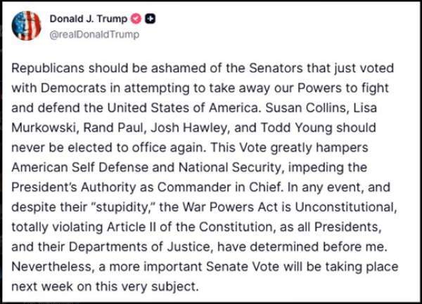Figura 1. Captura del post del presidente Donald J. Trump (Truth Social), difundida tras la votación del Senado.