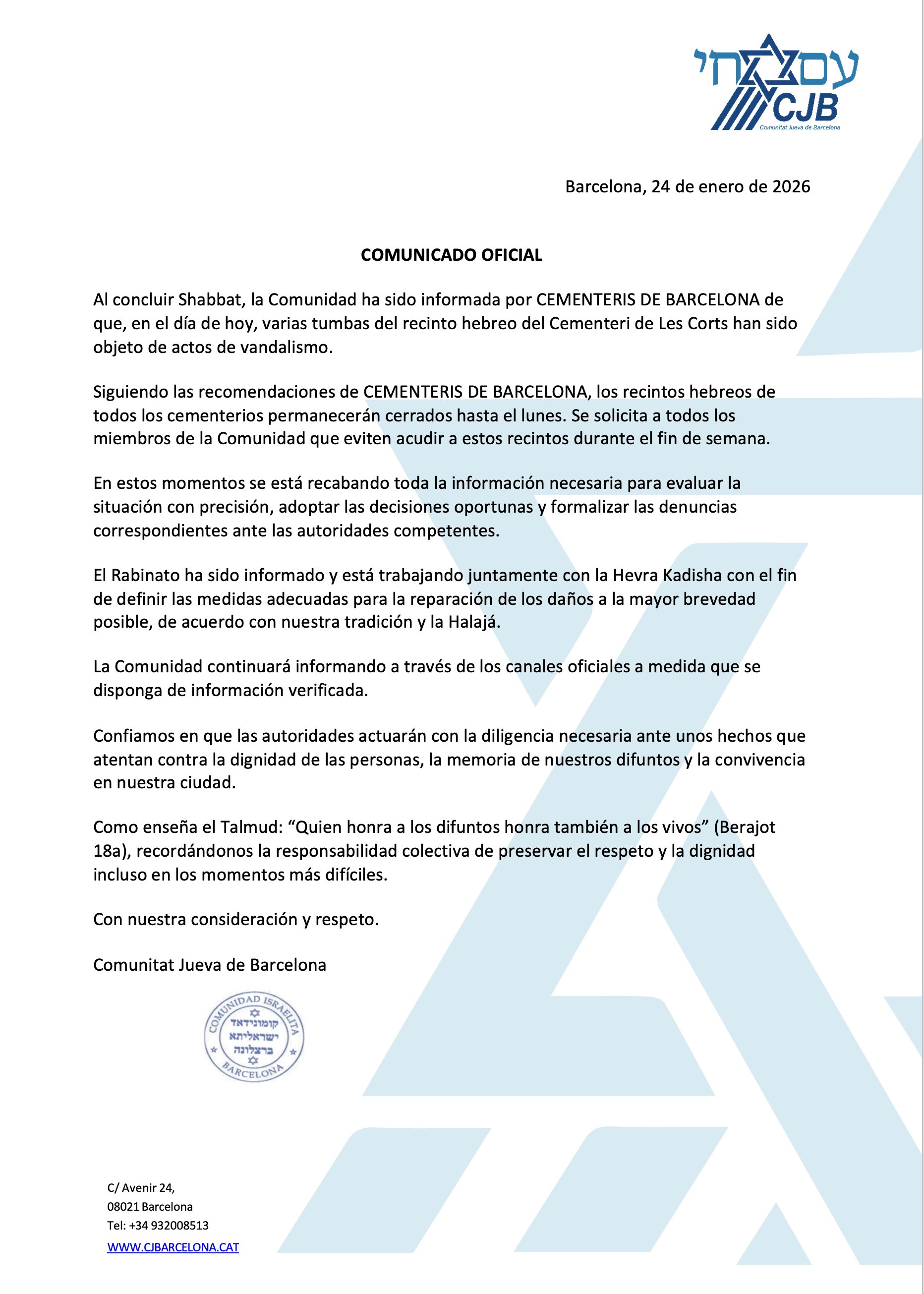 carta Comunidad judia de Barcelona