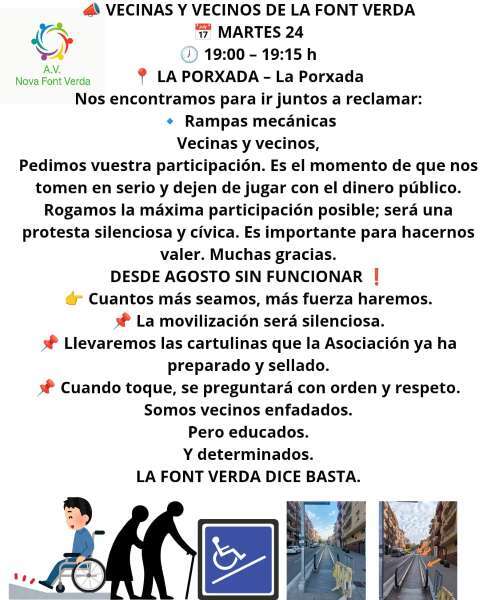 Convocatoria de la AA Nova Font Verda de manifestación el próximo martes 24 en la Porxada